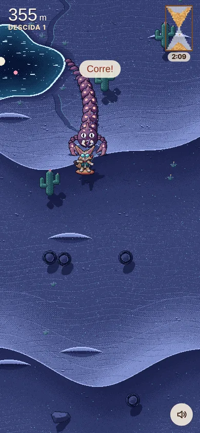 À noite, o bicho da areia alcança o feneco, com o aviso Corre.