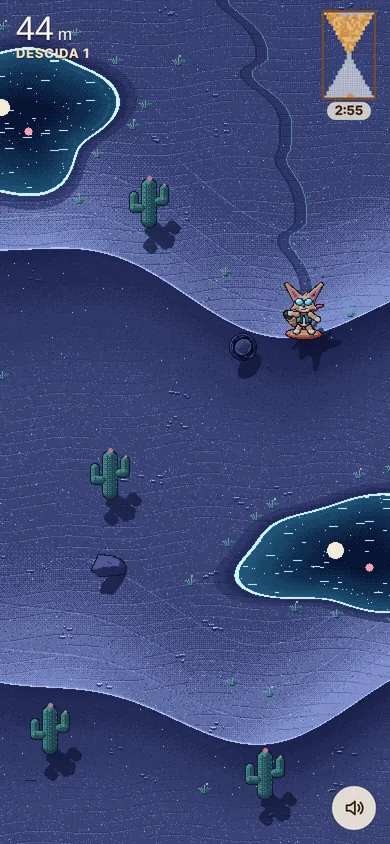 Dunas azuis à noite, com lagoas que refletem estrelas e duas luas.